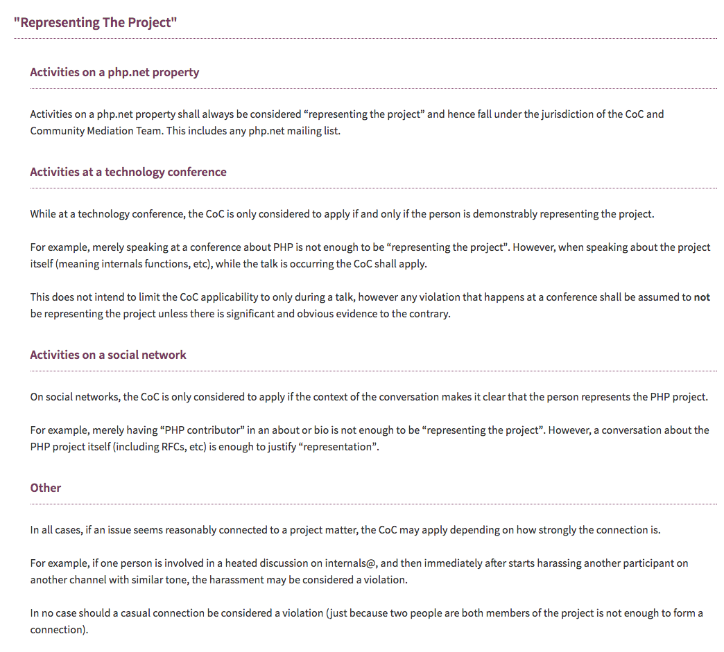 The part of the PHP CoC RFC where it explicitly says it has no effect on conference attendees who are not part of PHP internals. Like Samantha.