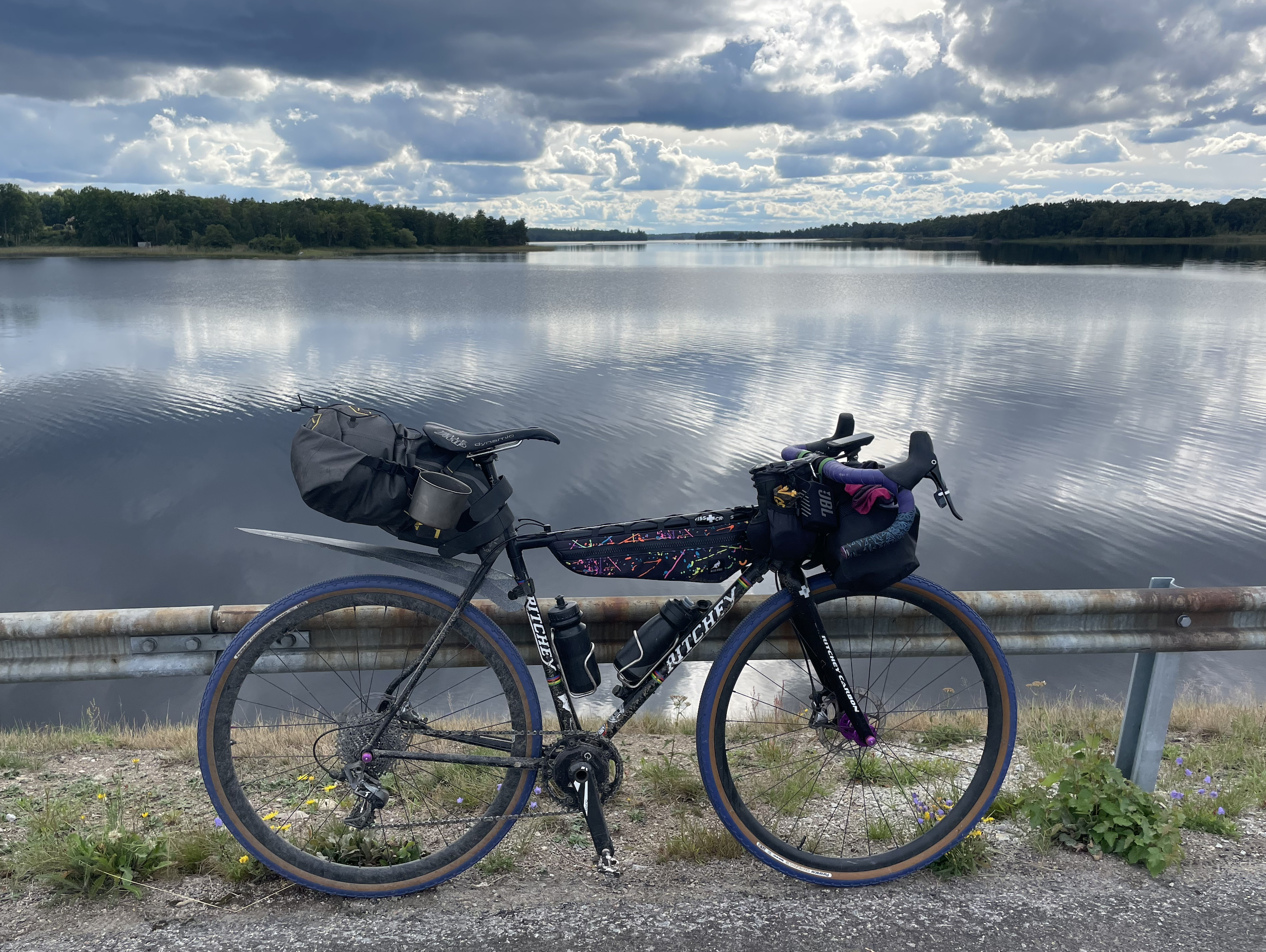 Black bike, Ritchey Swisscross, in front of a Swedish lake and covered in bikepacking bags.