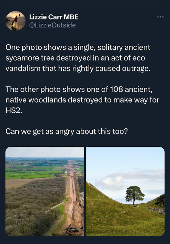 Tweet showing a aerial photo of HS2 passing through Cubbington Wood, and the Sycamore Gap tree that was cut down illegally. "One photo shows a single, solitary ancient sycamore tree destroyed in an act of eco vandalism that has rightly caused outrage. The other photo shows one of 108 ancient, native woodlands destroyed to make way for HS2. Can we get as angry about this too?"